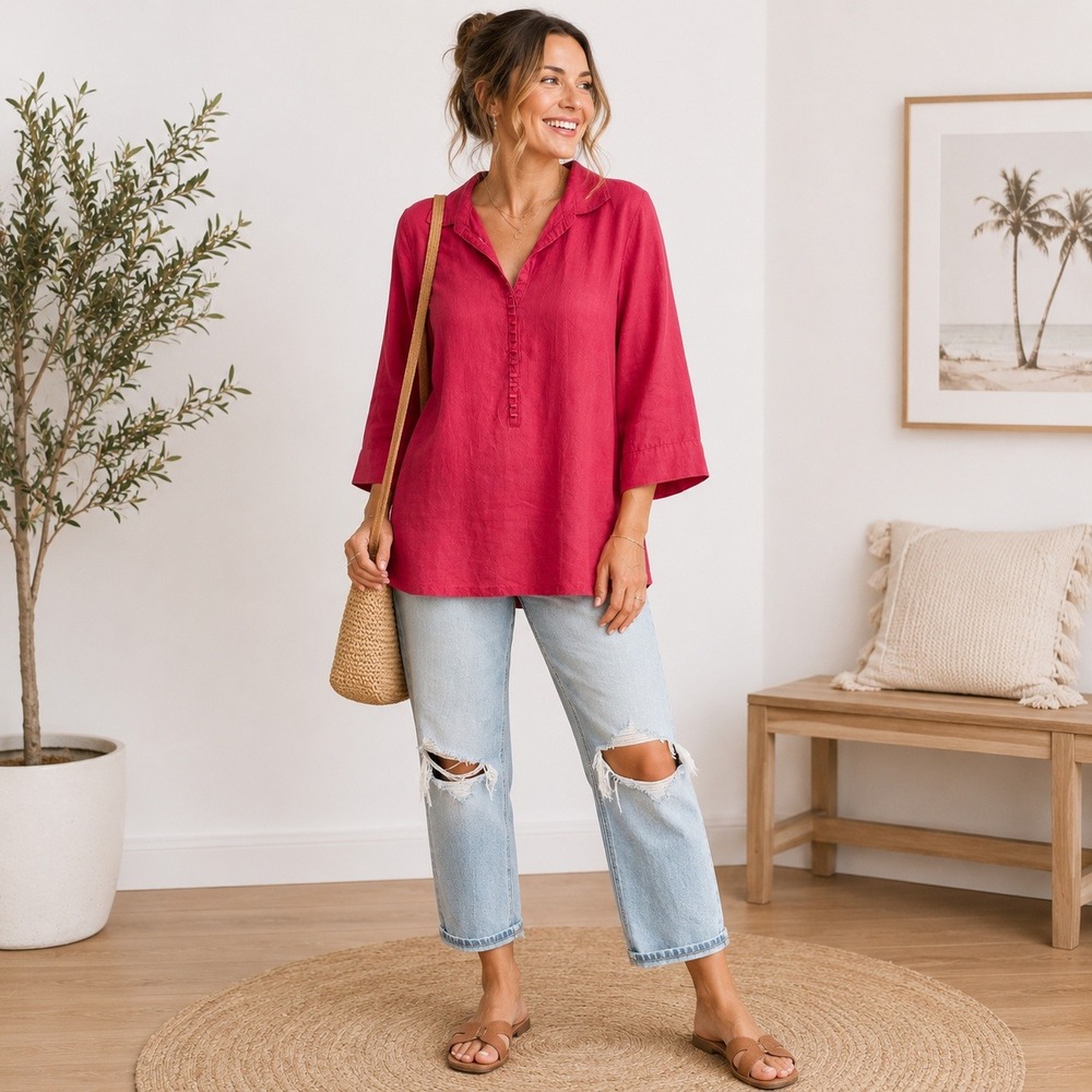 Chicos Pink 100% Linen Tunic Top 3/4 Sleeve Ruffle Placket Size 2 Large